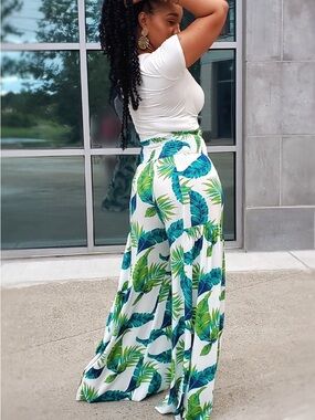 Tropical Leaf Print Palazzo Pants- White, Green & Teal